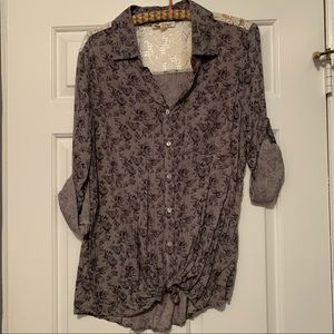 Knit-front Button-down Blouse